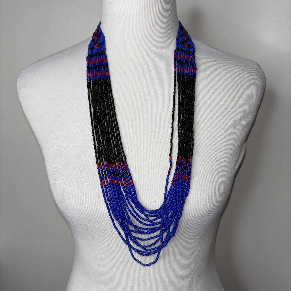 Seed Bead Necklace Waterfall Design 16 Strands Blue Red Black Boho Festival